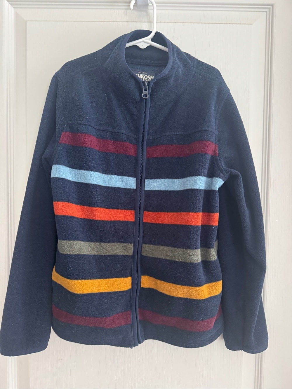 OshKosh B'gosh Navy Zip-Up Fleece Jacket with Multicolor Stripes EUC size 10